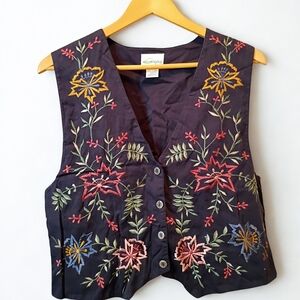 Vintage Willow Ridge Floral Embroidered Vest Black Size Medium